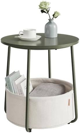 VASAGLE Small Round Side End Table, Modern Nightstand with Fabric Basket, Forest Green and Cream White ULET223C80