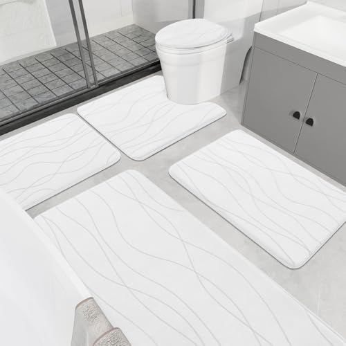 YIHOUSE Memory Foam Bathroom Rug Sets 5 Piece, Ultra Absorbent Bath Mat for Bathroom - Non-Slip Machine Washable & Dry Quickly, 5 Piece Bathroom Mat Set,White