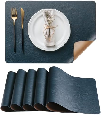 DOLOPL Placemats Set of 6 Reversible Dual-Color Table Placemats – Heat Resistant Wipeable & Washable Place Mats, Luxury Faux Leather Table Mats for Vintage Dining Table Decor (Camel & Navy Blue)