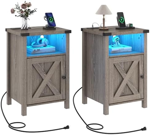 Farmhouse LED Nightstand Set of 2 with Charging Station, Rustic End Table with Barn Door & Storage Shelf, Bedside Table for Bedroom, Living Room, Grey