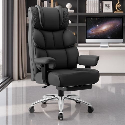 Office Desk Chair, Big and Tall Leather Gaming Chair with Footrest, Wide Ergonomic Comfy Executive High-Back Reclining Computer Chairs, Swivel Rolling Wheels and Padded Lumbar Support, Black