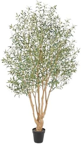 Majestic Faux Olive Tree 8ft – Artificial Olive Tree Indoor & Outdoor with Lifelike Leaves & Textured Branches for Living Room, Office, Entryway,Patio