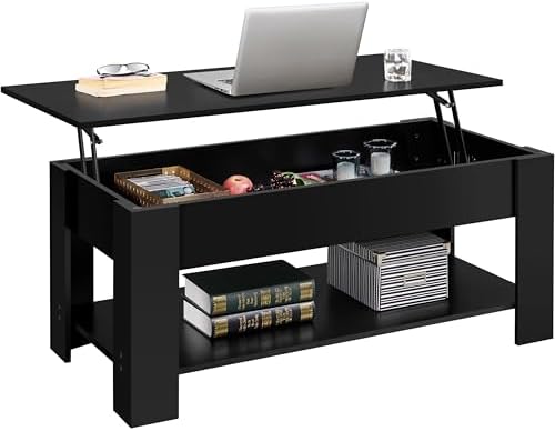Yaheetech Lift Top Coffee Table with Hidden Compartment and Storage Shelf, Rising Tabletop Dining Table for Living Room Reception Room, 47.5in L, Black