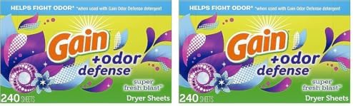 Gain + Odor Defense Dryer Sheets, Super Fresh Blast Scent Fabric Softener Sheets, 240 ct (Pack of 2)