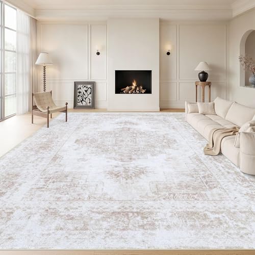 Area Rug 9x12 Living Room Rug, Machine Washable Vintage Distressed Medallion Rug Non-Slip Soft Low Pile Large Indoor Rugs for Bedroom Kitchen Dining Room Office(Beige,9'x12')