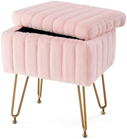 Sweetcrispy Vanity Stool Chair with Storage, Ottoman Faux Fur Soft Padded Makeup Footstools Seat with 4 Metal Legs Anti-Slip Adjustable Feet for Home Entryway Bedroom, Pink