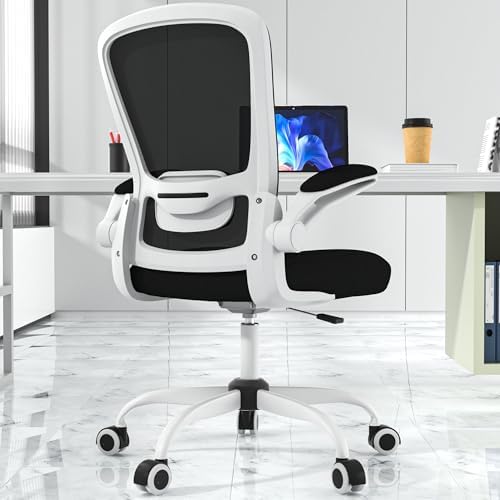 Mimoglad Ergonomic Office Chair - BIFMA Certified, Flip-up Armrests & 135° Recline, Adjustable Lumbar Support - Space-Saving Task Chair for Business/Team Office & Home (White Frame-Black, 300lbs)