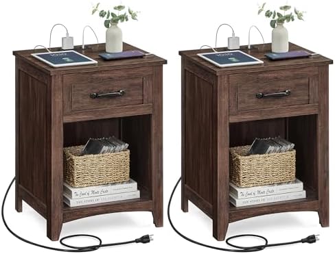 VASAGLE LIRY Collection - Farmhouse Nightstands with Charging Station, Set of 2 Bedside Tables, Side Tables with Drawer, Open Compartment, for Bedroom, Maroon Brown ULET959K51