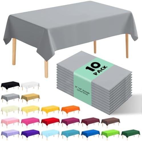 10 Pack Premium Disposable Plastic Tablecloth 54" X 108" Rectangle Table Cover for Birthdays Weddings Christmas Anniversary Buffet Table (Silver Grey)
