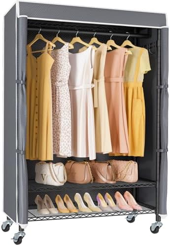 VIPEK R3C Rolling Clothes Rack with Cover Portable Closet for Hanging Clothes, Heavy Duty Garment Rack Clothing Racks with Wheels& Hanging Rod, Black Racks with Grey Upgraded Polyester Cover