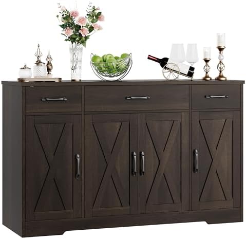 HOSTACK Buffet Cabinet with Drawers, 55" Large Sideboard Buffet Storage Cabinet with Shelves and Doors, Modern Farmhouse Coffee Bar Station Wood Kitchen Table for Kitchen, Dining Room, Dark Brown