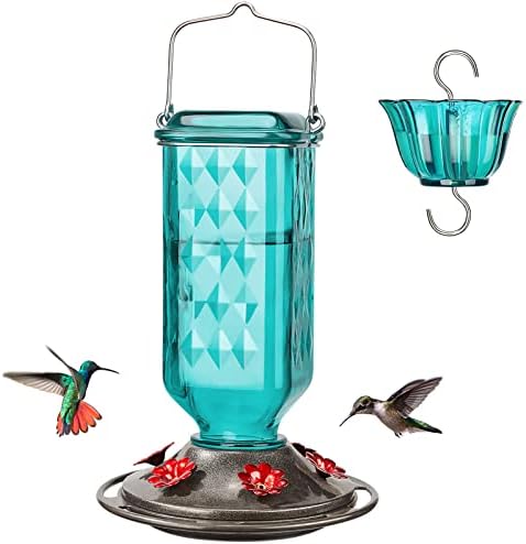 Kingsyard Glass Hummingbird Feeder for Outdoor Hanging, 24 Ounces, 6 Feeding Ports, Bird Nectar Feeder for Garden Décor, Ant Moat Included, Turquoise