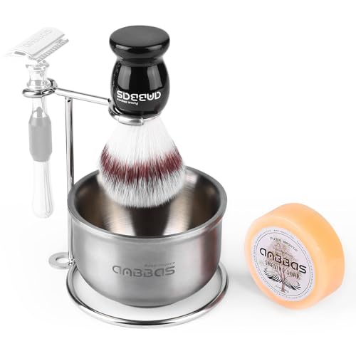 Anbbas Synthetic Badger Shaving Brush,Stainless Steel Shaving Razor and Brush Stand and Lathering Foam Bowl,3.5 oz Natural Shaving Soap Puck Refill for Men