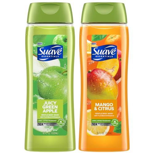 Suave Body Wash Variety 2-Pack, Juicy Green Apple + Mango Citrus – Gentle Body Washes with Fruit Blend Oil Essence, 18 Oz Ea
