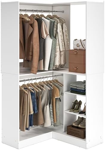 Unikito Corner Closet System, 36 Inch Large Freestanding Closet Organizer System with 2 Hanging Rods and Storage Shelves, Sturdy Walk in Closet Tower, 36" W x 36" D x 80" H, White