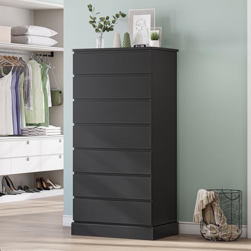 DICTAC Black Tall Dresser for Bedroom with 8 Drawers, 59.6" Tall Dressers & Chests of Drawers, Modern Wood Closet Organizer and Storage Cabinet, Large Vertical Dresser for Bedroom, Closet, Hallway