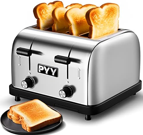 PYY Commercial Toaster 4 Slice for Restaurant - Wide Slots 1.57 inch Stainless Steel 6-Level Setting, with Removable Crumb Tray, 225 Slices/Hour 1800W - Bread, Bagels, Breakfast, Texas Toast