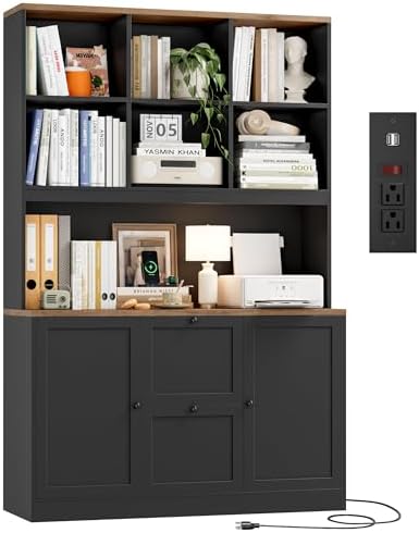 HIFIT 72'' Tall File Bookcase with Power Outlet & Printer Stand, 2 Drawer Filing Cabinets for Home Office Fit Hanging A4 File, Storage Cabinet w/ 3 Tier Open Book Shelf & Doors for Living Room, Black