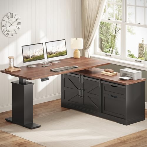 SEDETA Farmhouse L Shaped Standing Desk, 55 inch Height Adjustable Corner Desk with Storage Drawers, Standing Computer Desks with Power Outlets for Home Office, Black