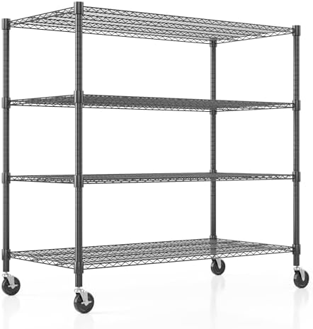 Homdox Heavy Duty Metal Shelves for Storage, 4 Tier Storage Racks and Shelving, Commercial Adjustable Wire Shelving Unit on Wheels, Garage Rack Pantry Shelves Kitchen Shelving, 24"x48"x72", Black