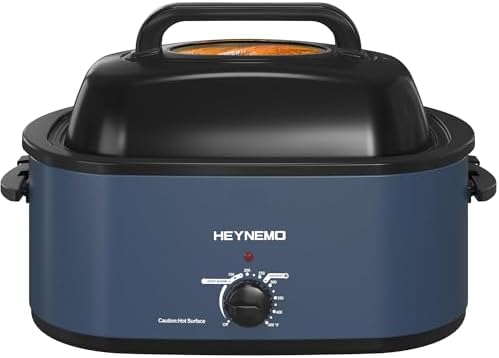 28 Quart Electric Roaster Oven with Visible & Self-Basting Lid, Large Turkey Roaster with Defrost Warm Function, Adjustable Temperature, Removable Pan Rack, Stainless Steel, Blue