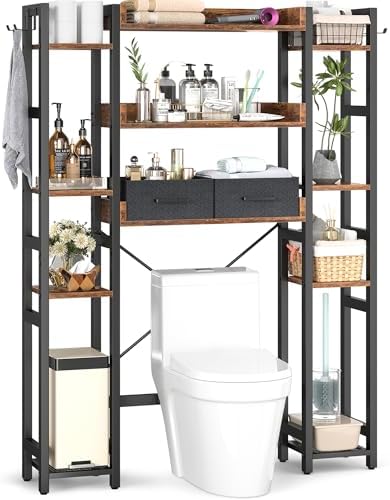 Over The Toilet Storage with 2 Drawers - 11 Tier Bathroom Organizer Freestanding Space Saver Storage Rack with Adjustable Shelf Above Toilet Stand with 4 Hooks for Restroom, Laundry, Rustic Brown
