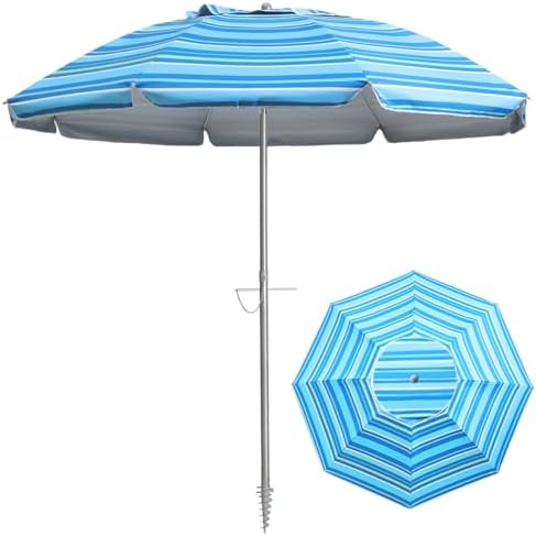 7ft Beach Umbrella with Sand Anchor & Tilt, UPF 50+ Protection Beach Umbrellas for Sand, Umbrellas for Heavy Duty Wind Portable with Carry Bag, for Patio Garden Pool, Baby Blue Stripes