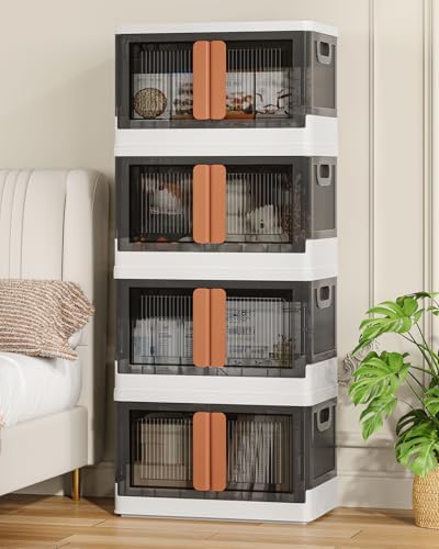 8.4Gal Collapsible Storage Bins with Lids & Wheels - 4 Pack Stackable with Doors, Heavy-Duty Plastic Containers for Home/Office, White