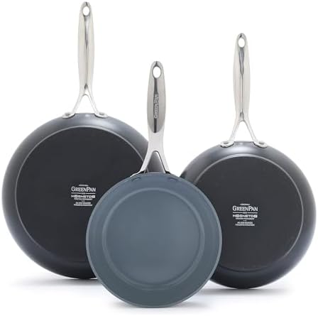GreenPan Valencia Pro Hard Anodized 3 Piece Fry Pan Skillet Set, Ceramic Nonstick 8" 9.5" and 11" Induction Suitable Frying Pans, PFAS-Free Cookware, Dishwasher Safe, Oven and Broiler Safe, Gray