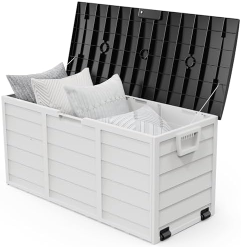 VINGLI 75 Gallon Outdoor Storage Box, Lockable Plastic Storage Containers with Lid, Patio Deck Box Furniture for Garden, Pool, Balcony, Yard (White)