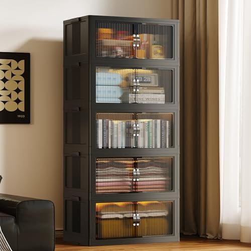 SAILUN 136Gal/543Qt Stackable Storage Bins Folding Collapsible Storage Bins with Lid, Closet Organizers and Storage, Storage Box with Door Black 26" W x 17" D x 71" H