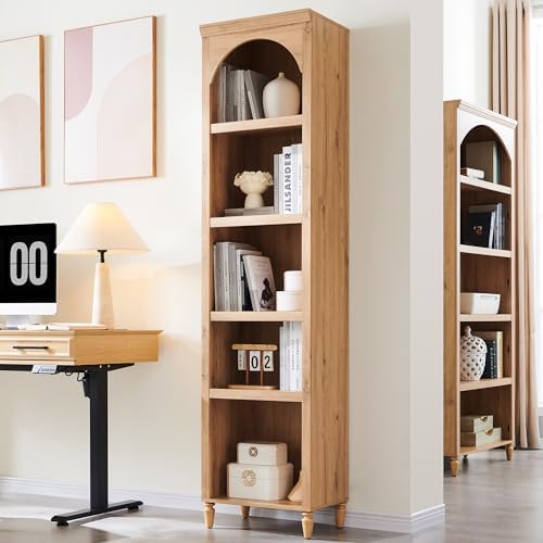 76" Tall Arched Bookcase, Farmhouse 5 Tiers Narrow Arched Bookshelf Cabinet with Adjustable Shelves, Modern Wooden Book Shelf w/Storage and Open Display Shelves for Living Room, Office-Natural