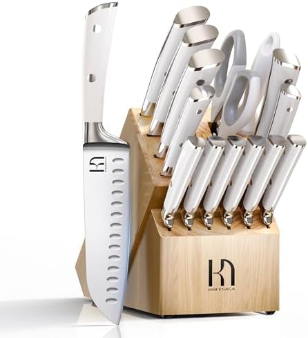 Knife Set Premium, Japanese 15 Pcs High Carbon Stainless Steel Kitchen Knife Block Set with Sharpener, Razor Sharp Knives Set for Kitchen with Natural Wood Block, Long-Lasting Edge