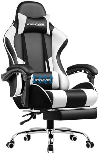GTPLAYER Gaming Chair, Computer Chair with Footrest and Lumbar Support, Height Adjustable Game Chair with 360Β°-Swivel Seat and Headrest and for Office or Gaming (White)
