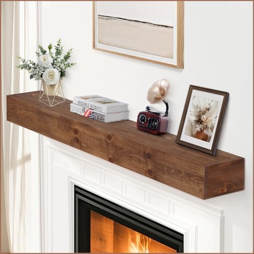 G GOOD GAIN Fireplace Mantel 60inch - Solid Wood Mantel Shelf Handcrafted Rustic | Floating Mantle Shelves Decor for Wall, Bedroom, TV, Books, Livingroom(DarkWalnut)