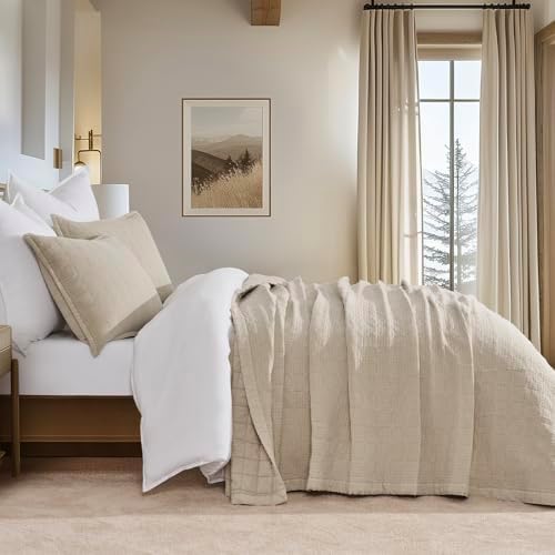 EVERGRACEHOME Stonewashed Cotton Quilt Set King Size, Ultra Soft Oversized Bedspread Coverlet Set, Lightweight Crinkle Box Stitch Bedding Sets for All Season, with 2 Shams, Flax Beige