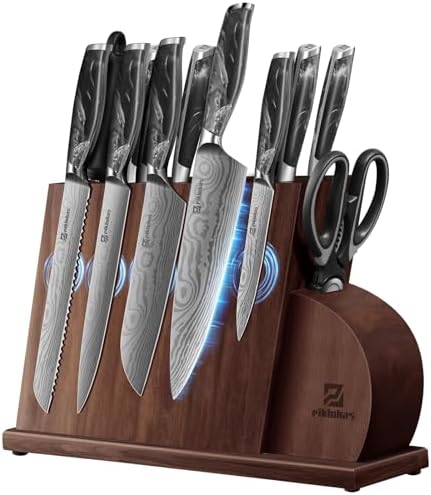 Knife Set for Kitchen 14 Pieces with Magnetic Block, German Razor Sharp High Carbon Stainless Steel Damascus Pattern, Full Tang Ergonomic Handle, Black Flowing Cloud Design