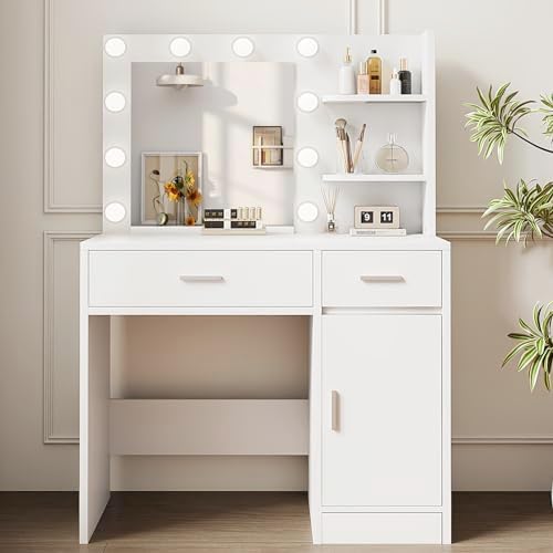 Lighted Makeup Vanity Desk, 35.4“W x 15.7'â€D x 54“H, White (with Lights and Mirror, Dimming Function, 2 Drawers and 1 Cabiniet, Open Shelves) by Boahaus