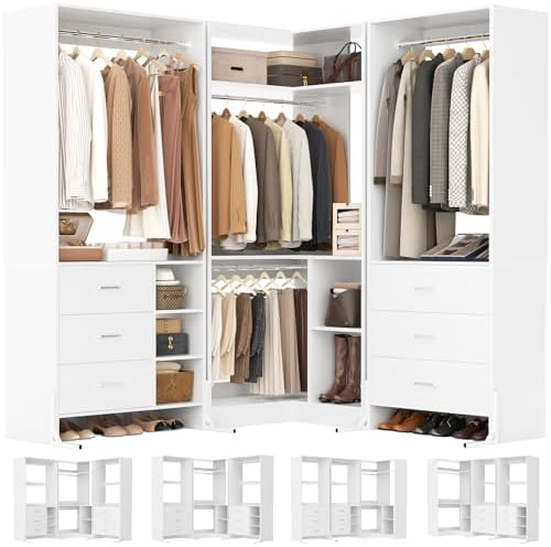 Aheaplus Closet System with 3 Sets, 86.8" Closet Organizer System with 6 Drawers & 4 Hanging Rods, L Shaped Walk-in Closets, Wardrobe Set, Corner Tower, Garment Rack Load 2000+LBS, -X1,White