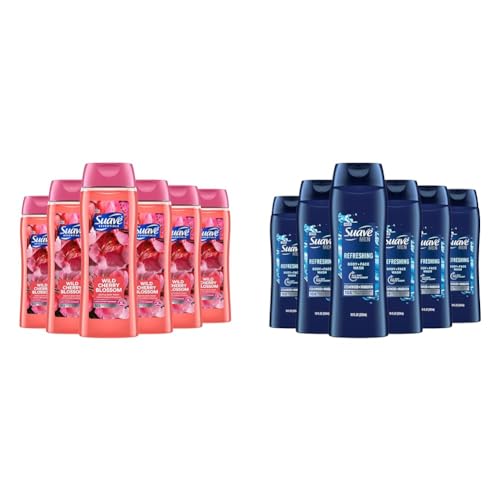 Suave Body Wash Pack of 6, Cherry Blossom and Men's Cedarwood, 18 Oz, With Vitamin E and 10X More Moisturizers