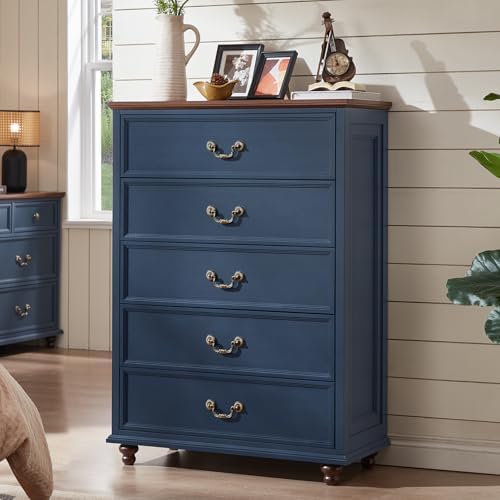 Farmhouse 5 Drawer Dresser for Bedroom, 45" Tall Rustic Chests of Drawers w/ 4 Solid Wood Feet, Mid Century Modern Wooden Closet Storage Dressers Organizer for Living Room, Hallway, Navy Blue