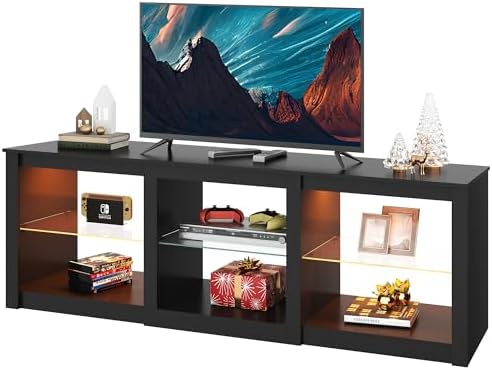 WLIVE TV Stand for 55/65/75 Inch TV, Modern Entertainment Center with LED Lights & Adjustable Glass Shelves, Sturdy Media Console for Living Room, Bedroom,Gaming (Black)