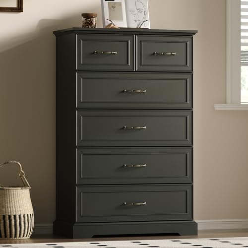 Farmhouse 6 Drawers Dresser for Bedroom, 49" Tall Modern Chest of Drawers with Deep Drawers & Bar Handles, Rustic Wood Dresser TV Stand, Wooden Closet Storage Organizer for Living Room, Hallway, Black