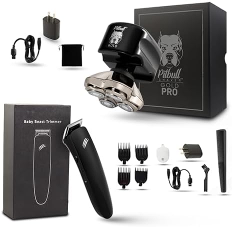 Skull Shaver Pitbull Gold PRO Electric Razor & Baby Beast Trimmer for Men - Best Bald Head Shaver and Beard Trimmer, Gift for Men