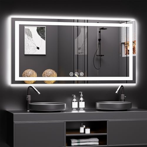 60X30 LED Bathroom Mirror with Lights, Anti-Fog, Backlit + Front Lit, Lighted Bathroom Vanity Mirror for Wall, Memory Function, Dimmable, Tempered Glass, Shatter-Proof, ETL Listed