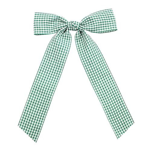 10pcs Gingham Hair Bow Clip, Green and White Checkered Pattern, Long Tail Design tassel bow girls colorful child hair bow accessories
