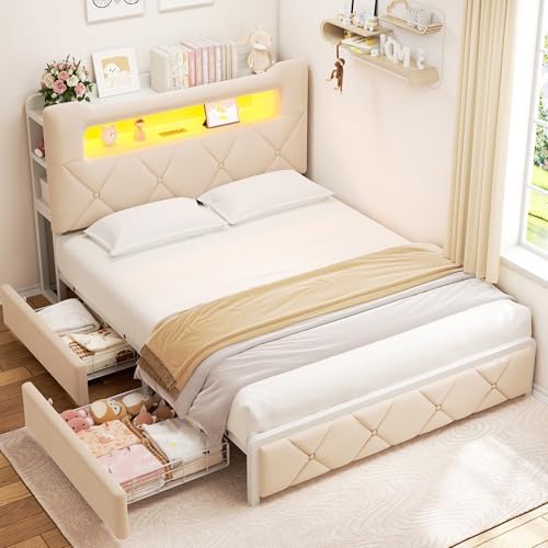 Full Upholstered LED Bed Frame with 2 Storage Drawers and 2-Tier Storage Headboard, Velvet Princess Platform Bed with Charging Station & Bookcase,Heavy Duty Metal Support,No Box Spring Needed,Beige