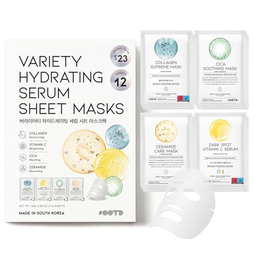 #OOTD Face Mask Korean Skincare for Dry Sensitive Skin | Hydrating, Revitalizing, Calming, Collagen, Ceramide, Cica, Vitamin C Serum Sheet Masks (12EA)