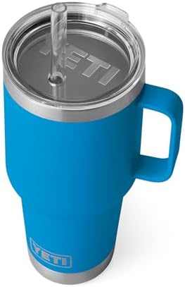 YETI Rambler 35 oz Tumbler with Handle and Straw Lid, Travel Mug Water Tumbler, Vacuum Insulated Cup with Handle, Stainless Steel, Big Wave Blue