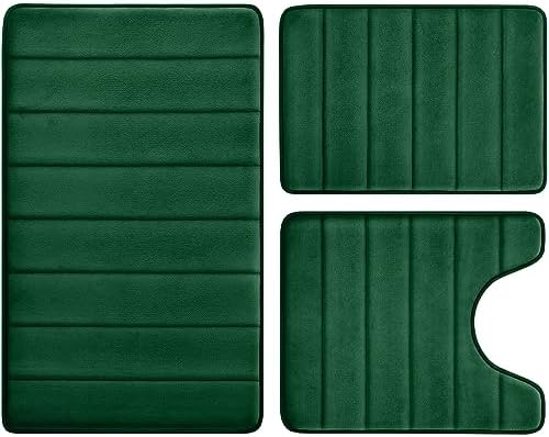 BYSURE Dark Green Memory Foam Bathroom Rug Set 3 Piece, Non Slip Extra Soft Absorbent Machine Washable Toilet Bath Toilet Mat (17"x24"+20"x32"+U Shape 20"x24")